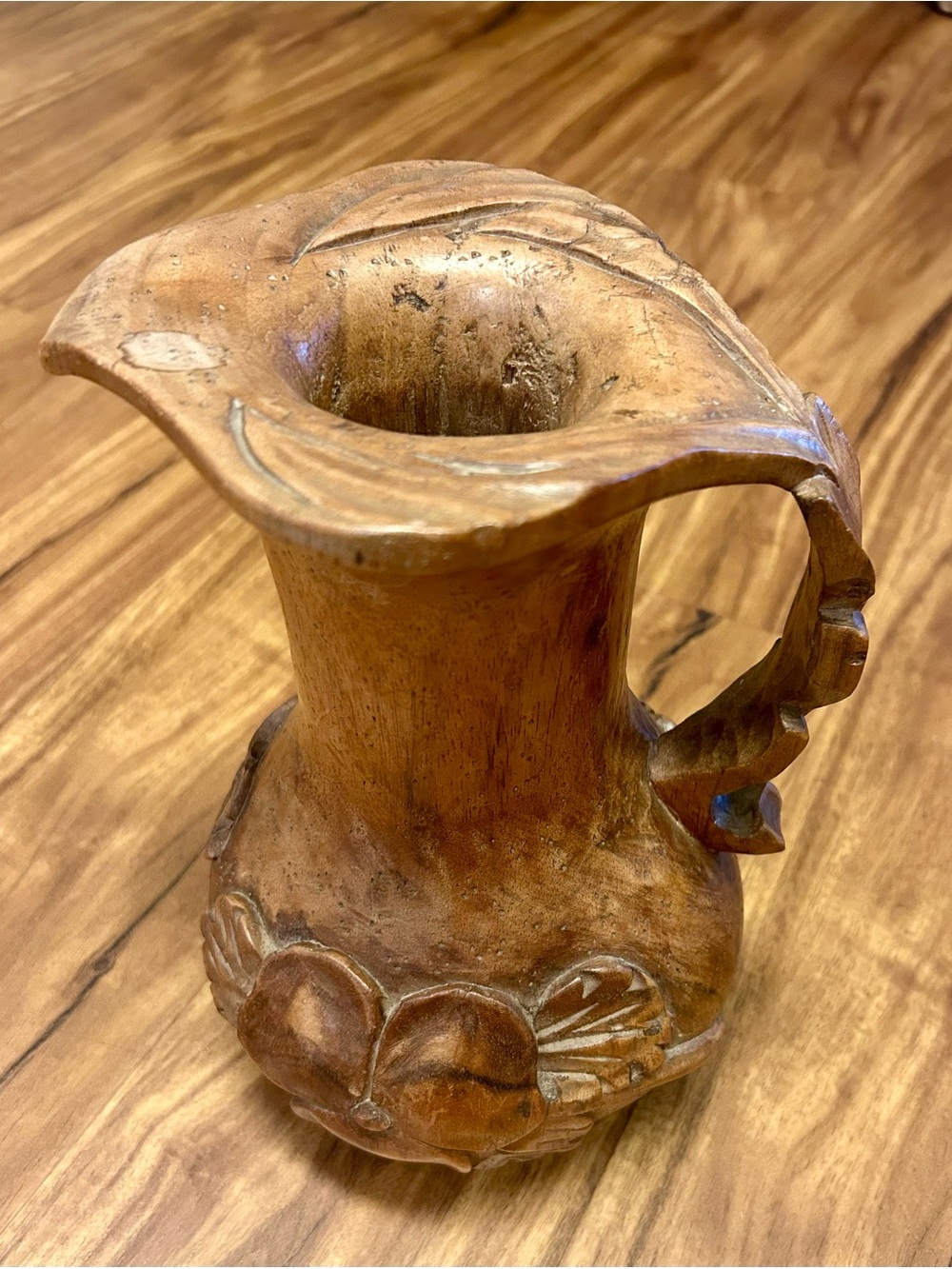 Vintage Handcarved Wooden Floral Water Pitcher Decorative 10”